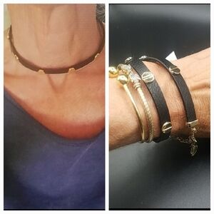French Connection Gold and Black Screw Leather Necklace Or Bracelet